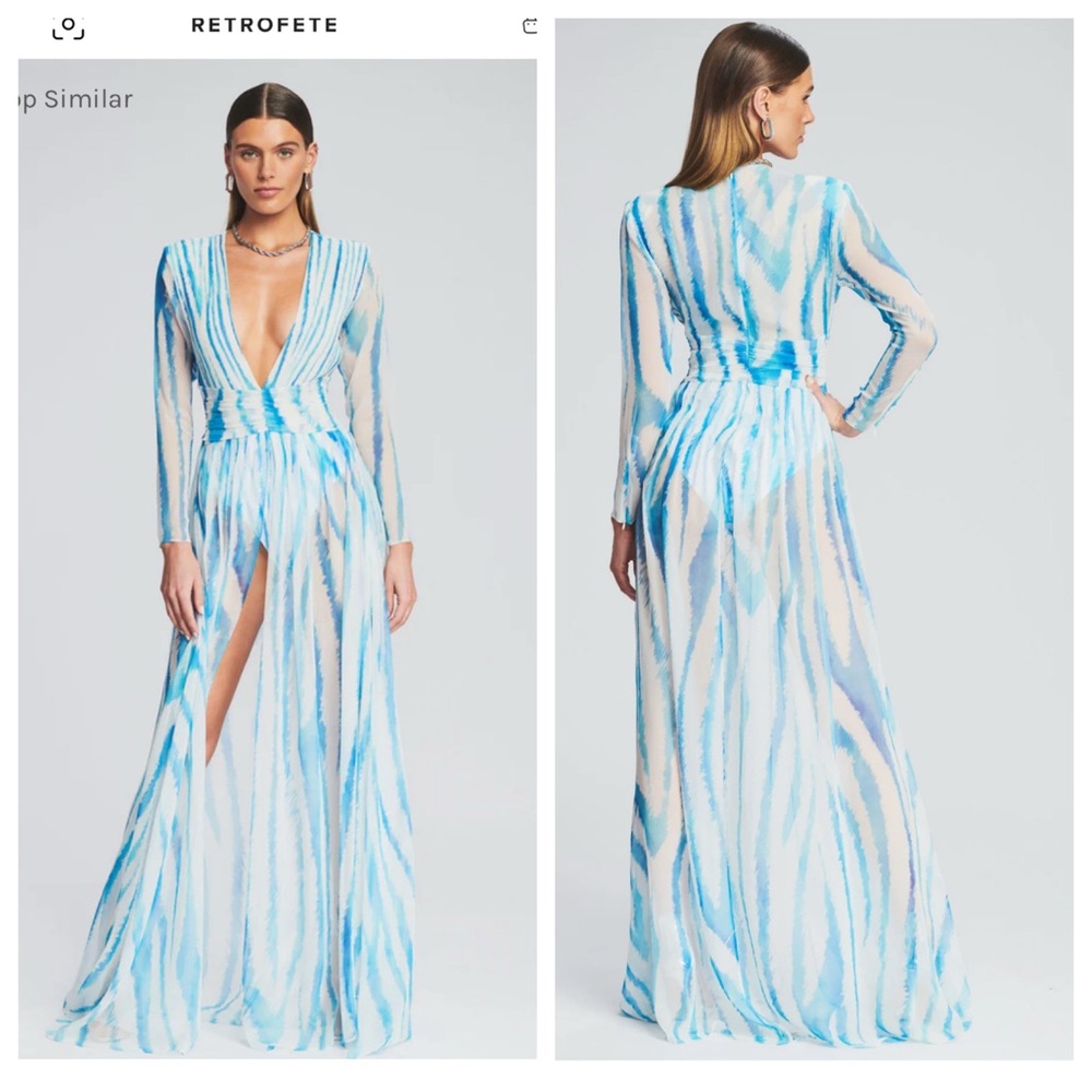 Retrofete Blue and White Plunging Long-Sleeve Maxi Gown